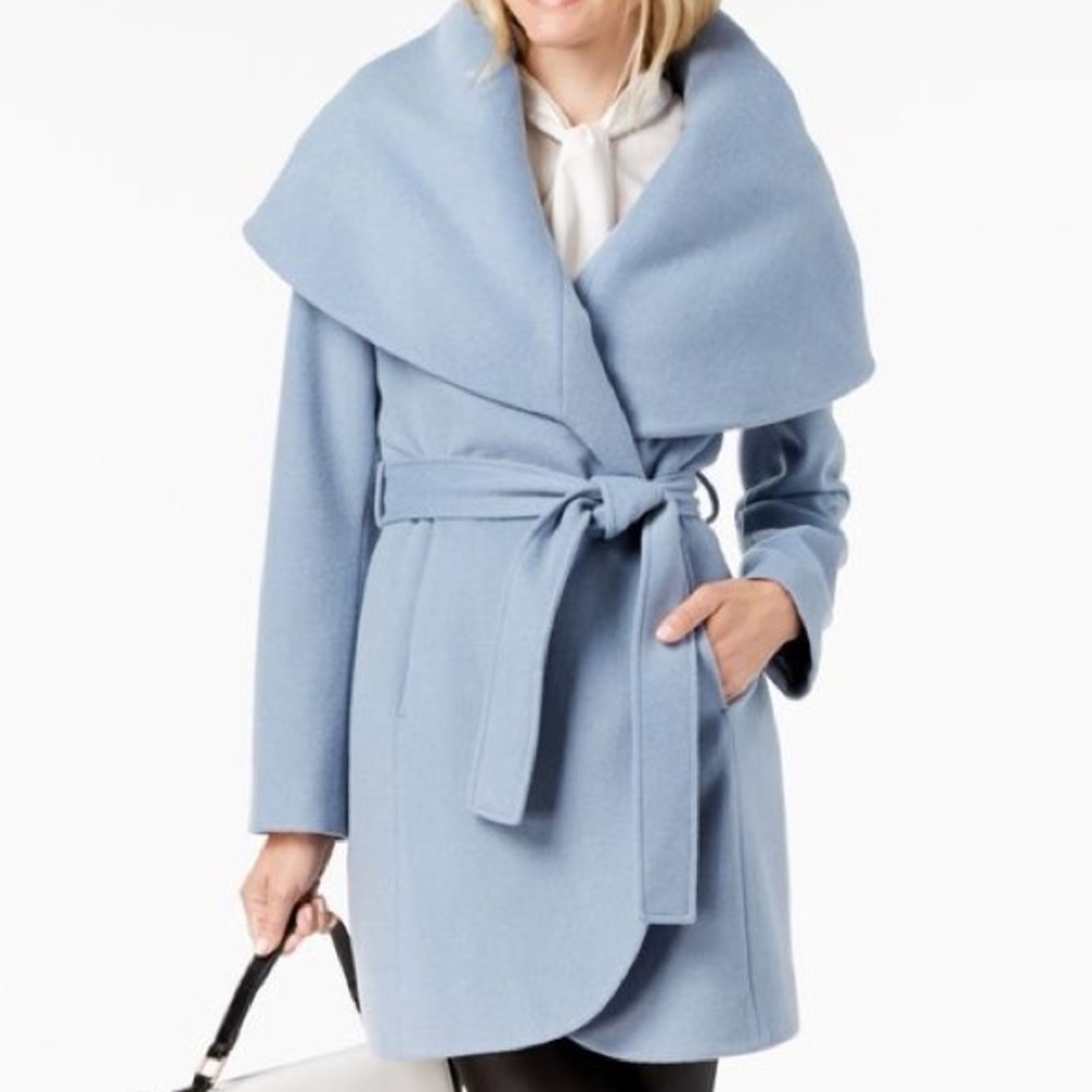 TAHARI MARLA- PALE BLUE WOOL BLEND COAT, WITH OVERSIZED COLLAR